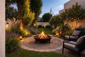Glowing evening firepit in custom paved outdoor living area with landscaping and hardscaping in Johannesburg