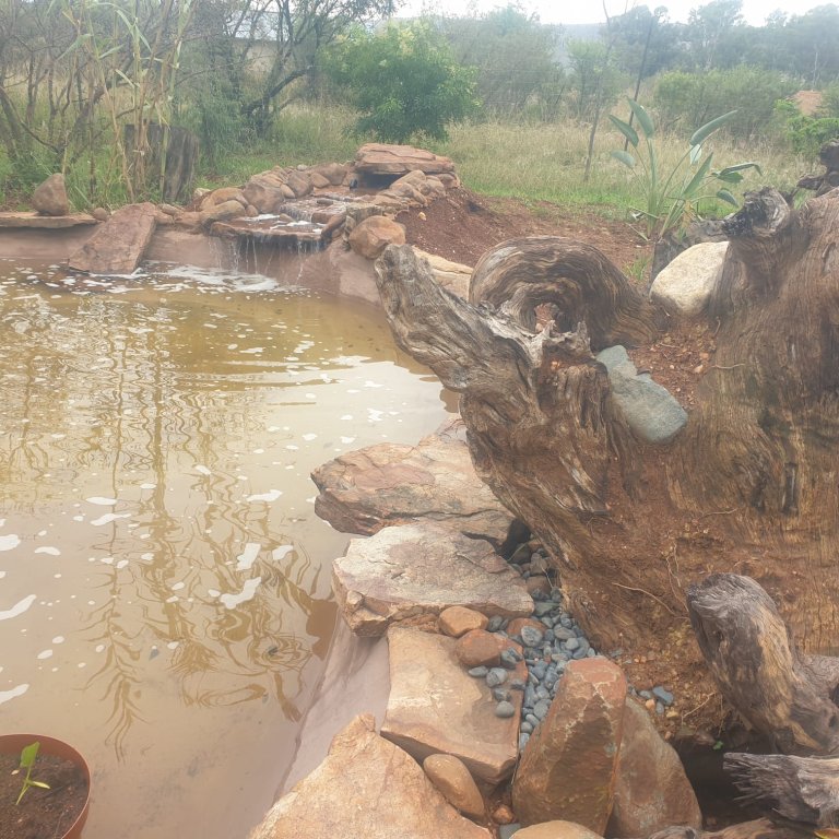 Custom game farm watering hole with cascading rock waterfall and natural rockery designed by Jozi Garden Solutions in Johannesburg